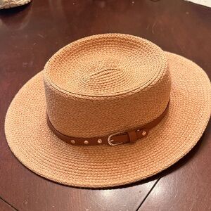 Stylish Tan Straw Hat with Brown Band